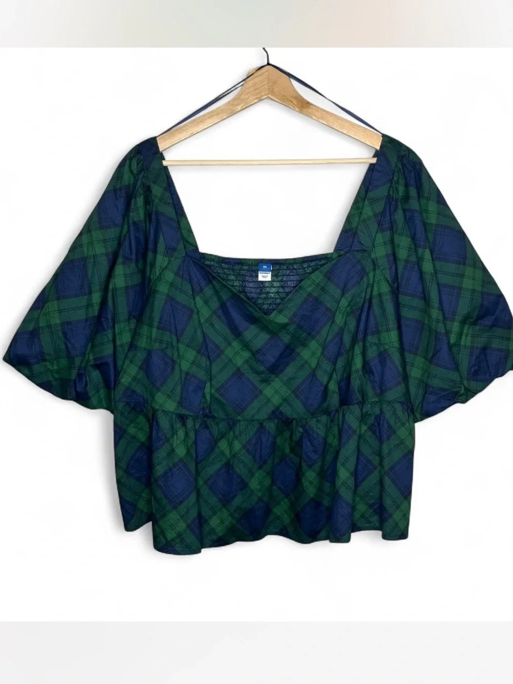 Old Navy Blue Green Plaid Puff Sleeve Peplum Top Blouse Size 3X